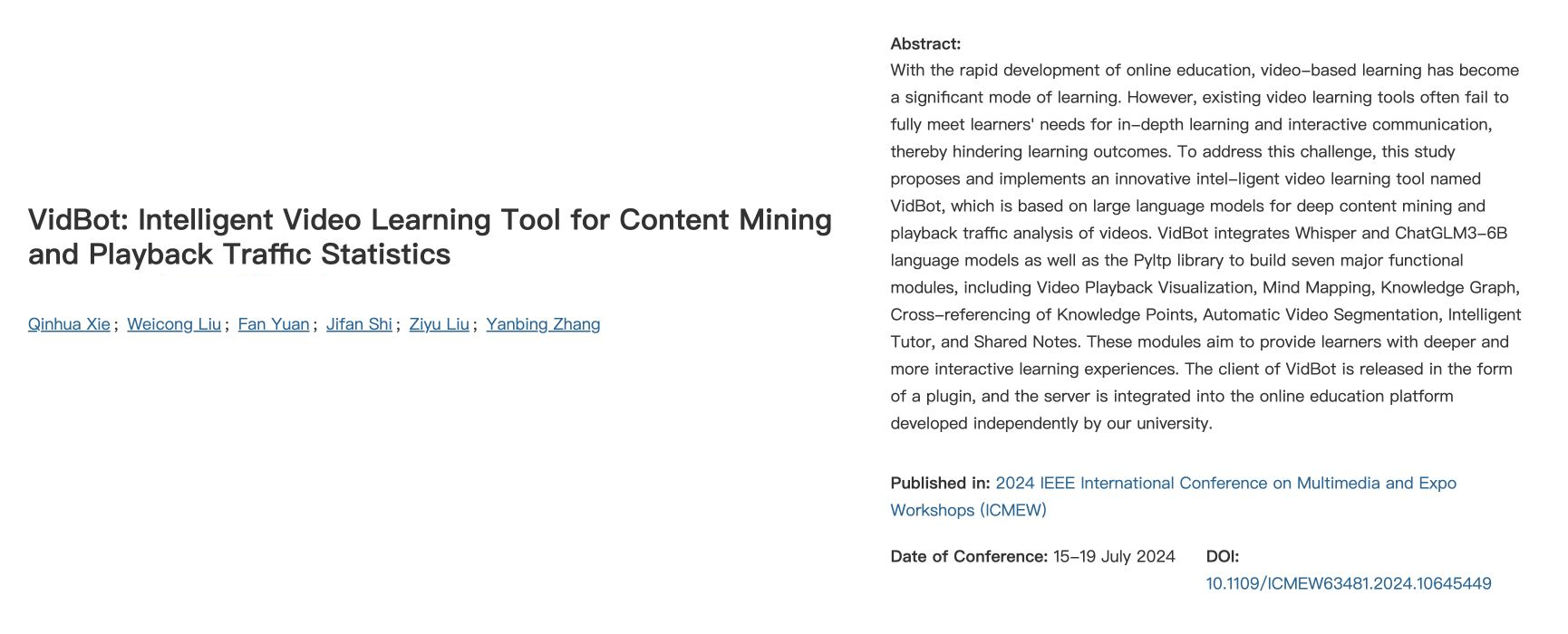 IEEE Xplore record for VidBot showing the title, authors, abstract, venue, and DOI